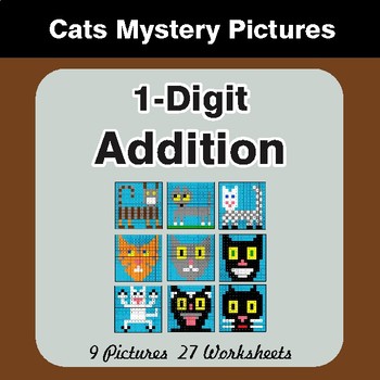 1-Digit Addition - Color-By-Number Math Mystery Pictures - Cats Theme