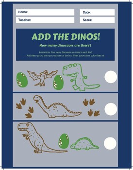 Preview of 1 Digit Addition Counting Early Elementary Dinosaur Theme 3 Worksheets and Keys