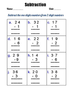 Preview of 1 Digit Subtraction