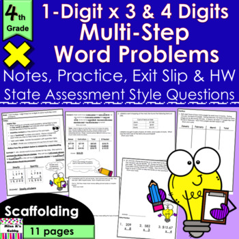 Preview of 1-Digit x 3 & 4-Digits Multi-Step Word Problems: notes, practice, exit slip, HW
