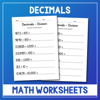 Preview of Dividing Decimals by Powers of 10 - Division Worksheets - Test Prep - Assessment