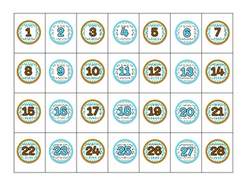 1 Inch Turquoise and Brown Numbers 1-28