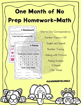 Preview of 1 Month of No Prep Reading and Math Homework- English and Spanish Bundle