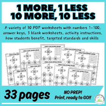 Preview of 1 More, 1 Less, 10 More, 10 Less Worksheets - No Prep, Print and Go!