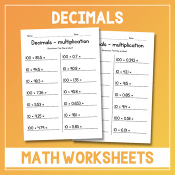 Preview of Multiplying Decimals by 10 or 100 - Multiplication Worksheets - Sub Plan