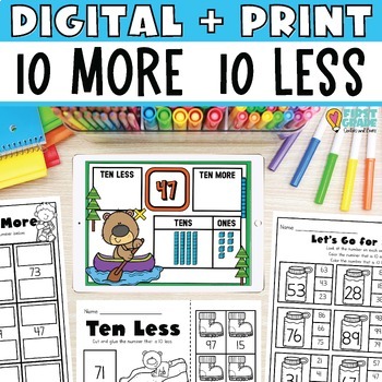 Preview of 10 More 10 Less Worksheets & Digital Resource 1st grade math place value