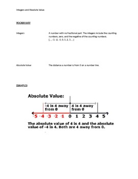 Preview of 1 - Notes - Integers and Absolute Value