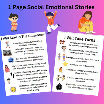 Preview of 1 Page Social Emotional Stories for Behavior Support