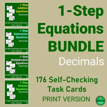 Preview of Solving 1-Step Equations with DECIMALS Self-Checking Task Card BUNDLE 