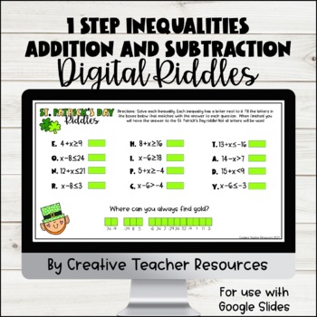 Preview of 1 Step Inequalities Addition and Subtraction Digital St. Patrick's Day Riddle