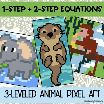 Preview of 1-Step and 2-Step Equations Animal Themed Pixel Art for Middle School Math