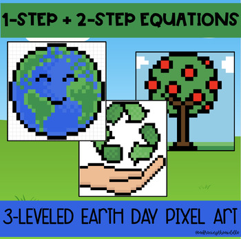 Preview of 1-Step and 2-Step Equations Earth Day Pixel Art | 7th Grade Math | Middle School