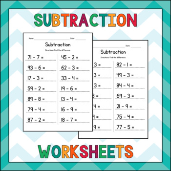 Preview of Subtracting 1-Digit from 2-Digit Numbers - Subtraction Worksheets - Sub Plan