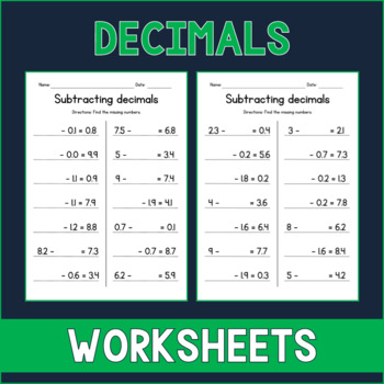 Preview of Subtracting Decimals with Missing Numbers - Math Worksheets - Test Prep
