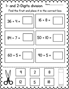 1- and 2-Digits division Worksheets Math Practice (Cut and Paste)