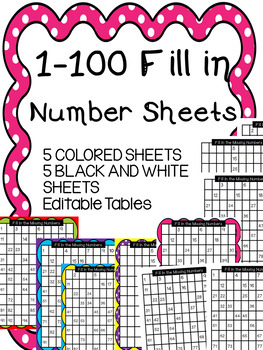 Preview of 1 to 100 Fill In the Missing Number Grids- Color and Black and White