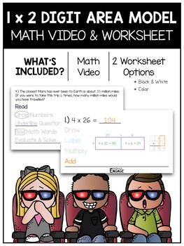 Preview of 4.NBT.5: 1 x 2 Digit Area Model Multiplication Math Video and Worksheet