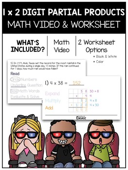 Preview of 4.NBT.5: 1 x 2 Digit Partial Product Multiplication Math Video and Worksheet