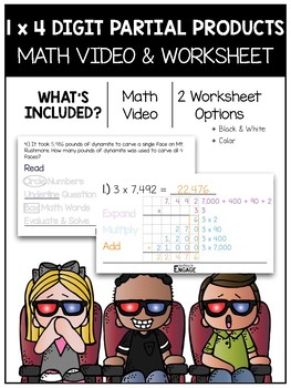 Preview of 4.NBT.5: 1 x 4 Digit Partial Product Multiplication Math Video and Worksheet