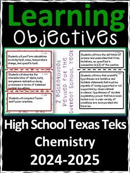 Preview of HS Grade Texas TEKS Science Chemistry Learning Objectives Cards | Color & B&W