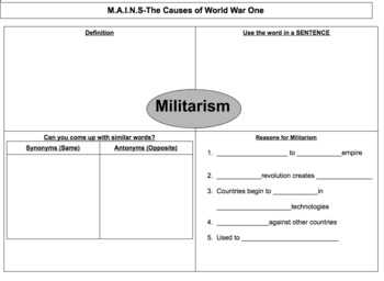 Preview of 10.5 Causes of WWI--M.A.I.N.S Vocabulary Lecture--STUDENT NOTS