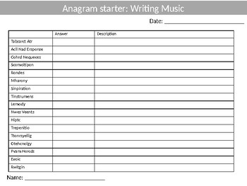 10 Anagram Sheets Music Education Keyword Starters Anagram Plenary Homework