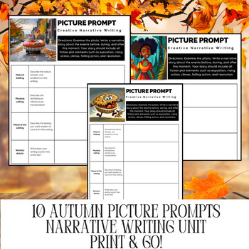 Preview of 10 Autumn Narrative Essay Picture Prompts and Planner: Print and Go & Slides