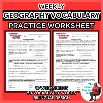 Preview of 10 Bilingual Vocabulary Worksheets for Middle School Geography & Social Studies