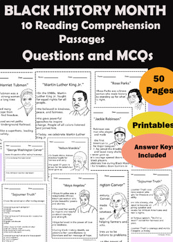 Preview of 10 Black History Month Reading Comprehension Passages Biographies Questions MCQs
