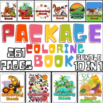 Preview of 10 COLORING BOOKS IN 1 Bundle For Food, Dinosaurs and Animals with over 260 Page