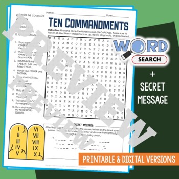 Preview of 10 COMMANDMENTS Word Search Puzzle Activity Vocabulary Worksheet Secret Message
