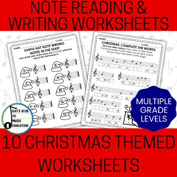 Preview of 10 Christmas Note Reading & Writing Music Worksheets - Treble Clef (Gr 2 - 5)