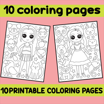 Preview of 10 Coloring Pages for Girls - Coloring Pages for Girls + Cute Printable Animals.