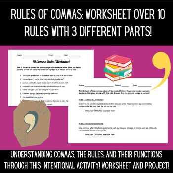 Preview of 10 Comma Rules Worksheet and Project! 3-Part Assignment for Secondary!