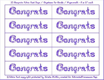 Preview of 10 Congrats Captions Tags Printable For Cards Blue Purple Glitter Fabric Font