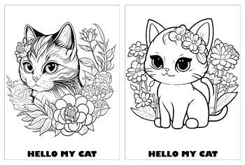 Preview of 10 Cute Cat With Flower Coloring Pages