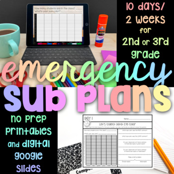 Preview of 2nd or 3rd Grade 10 Days/2 Weeks Emergency Sub Plans - Printables and Digital