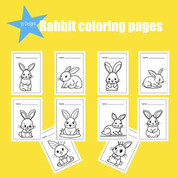 Preview of 10 Designs Hand Draw Printable Rabbit Coloring Pages For Kids.