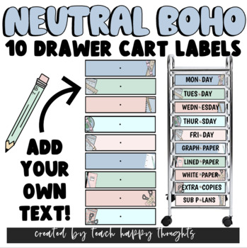 Preview of 10 Drawer Cart Labels | Boho NEUTRAL Pastel Wood School Supply Theme EDITABLE