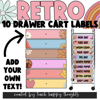 Preview of 10 Drawer Cart Labels | RETRO GROOVY Theme EDITABLE Flowers Disco Hippy Vintage