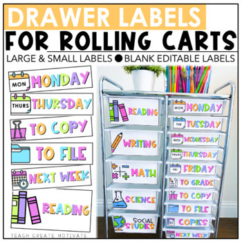 Preview of Editable 10 Drawer Rolling Cart Labels, Bright Classroom Decor & Organization