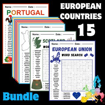 Preview of 15 EUROPEAN COUNTRIES "Bundle" Search Puzzle Puzzle Worksheet Activities
