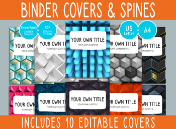Preview of 10 Editable 3D Geometric Binder Covers, 1, 1.5, 2" Spines, A4+Letter, PDF+PPTX
