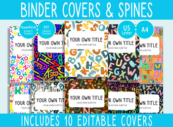 Preview of 10 Editable Alphabet Binder Covers, 1, 1.5, 2" Spines, A4+Letter, PDF+PPTX