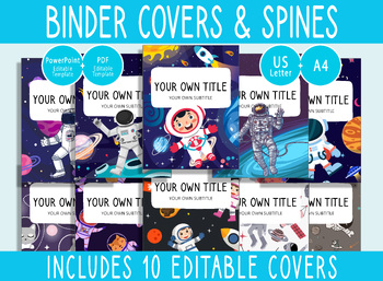 Preview of 10 Editable Astronaut Binder Covers, 1, 1.5, 2" Spines, A4+Letter, PDF+PPTX