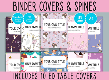 Preview of 10 Editable Ballet Binder Covers, 1, 1.5, 2" Spines, A4+Letter, PDF+PPTX