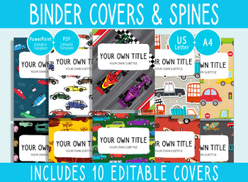 Preview of 10 Editable Car Pattern Binder Covers, 1, 1.5, 2" Spines, A4+Letter, PDF+PPTX