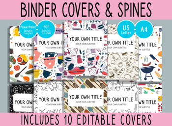 Preview of 10 Editable Cooking & Kitchen Binder Covers, 1, 1.5, 2"Spines,A4+Letter,PDF+PPTX