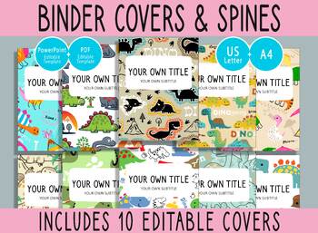 Preview of 10 Editable Cute Dinosaur Binder Covers, 1, 1.5, 2" Spines, A4+Letter, PDF+PPTX
