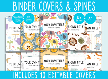 Preview of 10 Editable Elephant & Lion Binder Covers, 1, 1.5, 2"Spines, A4+Letter, PDF+PPTX